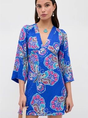 RIXO NWT Blue Floral Paisley Mini Dress with Pink & Turquoise Accents